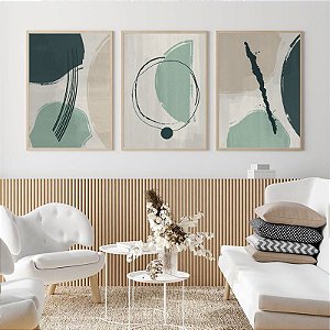 Conjunto com 3 quadros decorativos Abstratos Orgânicos Tons em Verde. Coleção Assinada: Mariane Michels