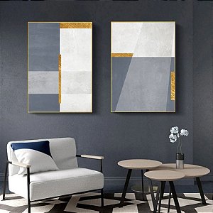 Conjunto com 2 quadros decorativos Geometrias Noturnas Cinza e Branco. Coleção Assinada: Mariane Michels