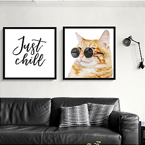 Conjunto com 2 quadros decorativos Just Chill Cat. Coleção Assinada: Paola Cury