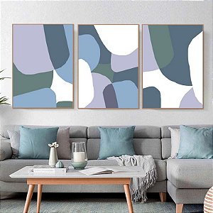 Conjunto com 3 quadros decorativos Abstrato Azul e Lilás. Artista: Alex Bonfim