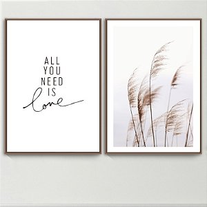 Conjunto com 2 quadros decorativos Pampas e Frase