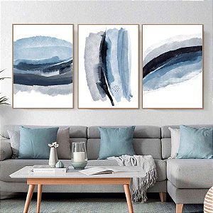 Conjunto com 3 quadros decorativos Blue Sounds. Artista: Rafaela Grimm