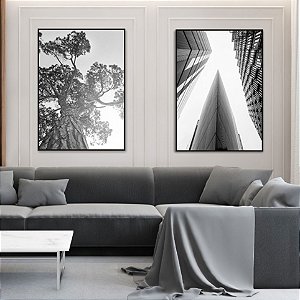 Conjunto com 2 quadros decorativos Árvore e Prédios Preto e Branco. Coleção Assinada: Daniel Kroth