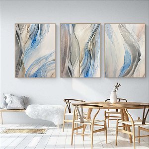 Conjunto com 3 Quadros decorativos Aquarela Azul com nuances de Cinza.