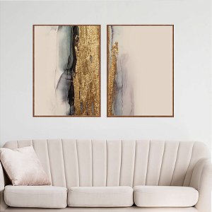 Conjunto com 2 quadros decorativos Abstrato linha dourada com sombras pretas.