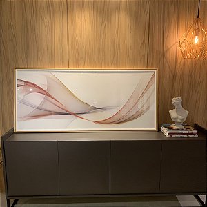 Quadro decorativo Abstrato. Medida 145x65cm com moldura dupla, interna branca, externa pinus cru e vidro incolor.