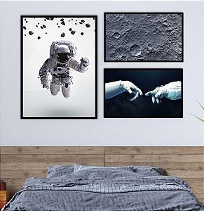 Conjunto com 3 quadros decorativos Homem na Lua- Coleção Assinada: Daniel Kroth