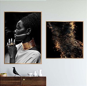 Conjunto de 2 Quadros Decorativos Mulher Negra tons dourados. Artista: Débora Silva