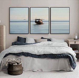 Conjunto com 3 quadros decorativos barco. Artista: Michele Canez.