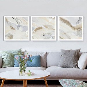 Conjunto com 3 quadros decorativos abstrato tons neutros. Artista: Paula Salinas.