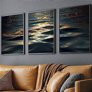 Conjunto 3 quadros decorativos Reflexo ao mar noturno.