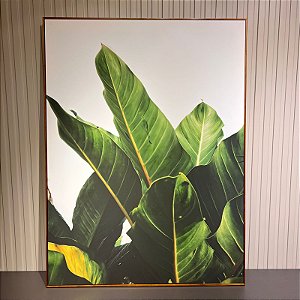 Quadro decorativo folhas verdes 90x120 em Canvas moldura filete freijó.