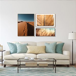 Composição com 3 quadros decorativos Deserto e folha. Coleção Assinada: Tamires Marques.