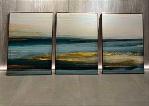 Conjunto com 3 Quadros Decorativos Abstrato Mar.  Medida 70x100cm cada Canvas com moldura madeira freijó