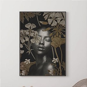 Quadro Decorativo Mulher com Flores douradas. Artista: Claudia Dias
