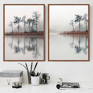 Conjunto de 2 Quadros Decorativos árvores e lago.