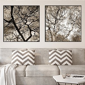 Conjunto com 2 quadros decorativos Árvores com galhos e fundo bege.