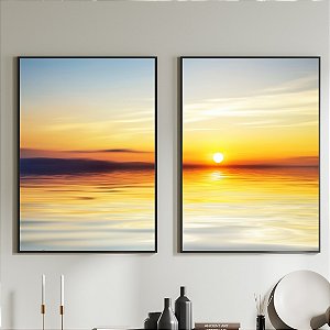 Conjunto de 2 Quadros Decorativos Mar com sol ensolarado.