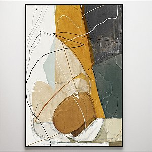 Quadro Decorativo Abstrato com detalhes amarelo, cinza, branco e bege.