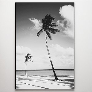 Quadro Decorativo Praia e coqueiros preto e branco.