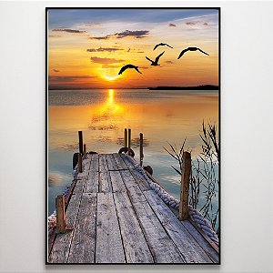 Quadro Decorativo Caminho para o mar ensolarado e pássaros.