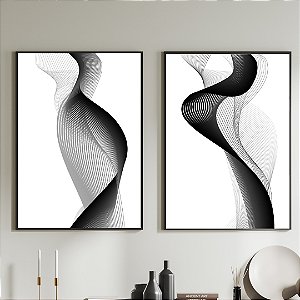Conjunto de 2 Quadros Decorativos linhas em ondas pretas.