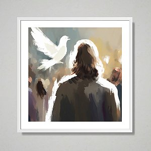 Quadro decorativo Jesus e pomba voando.
