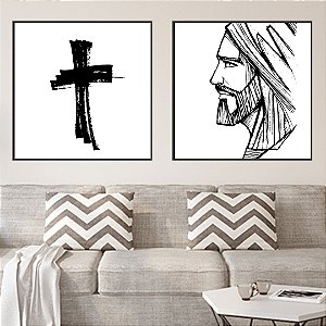 Conjunto com 2 quadros decorativos Jesus e Cruz.