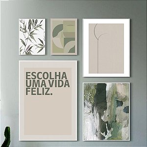 Conjunto de 5 quadros decorativos Verde e bege.