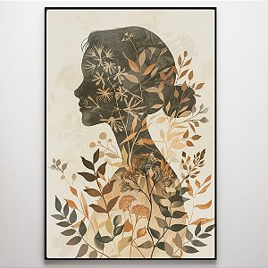 Quadro Decorativo Mulher com flores terrosas.