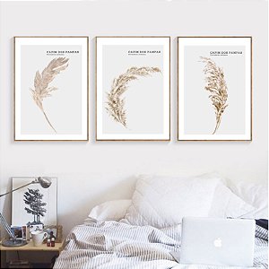 Conjunto de 3 quadros decorativos Capim dos pampas. Coleção Assinada: Paola Cury