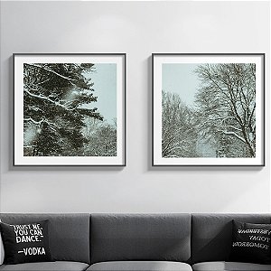 Conjunto com 2 quadros decorativos Árvore e neve.