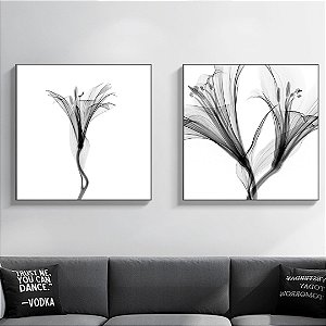 Conjunto com 2 quadros decorativos Flor preto e branco.