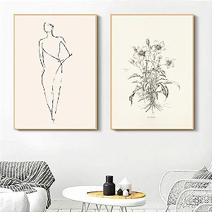 Conjunto de 2 Quadros Decorativos Figurativo e flor.