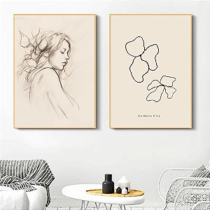 Conjunto de 2 Quadros Decorativos Figurativo e flor.