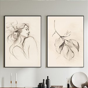 Conjunto de 2 Quadros Decorativos Figurativo e flor.