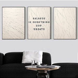Conjunto com 3 quadros decorativos Frase e Linhas Abstratas.