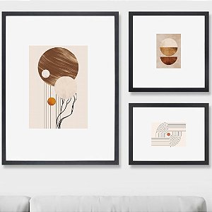Composição com 3 quadros decorativos Geometria Cobre Circular