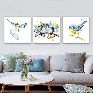 Conjunto com 3 quadros decorativos pássaros azul.