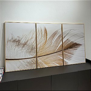 Conjunto com 3 quadros decorativos abstratos Pena Dourado. Medida 50x80cm cada tela em Canvas com moldura filete pinus cru.