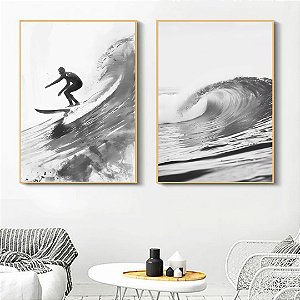 Conjunto de 2 Quadros Decorativos Surfando no mar.