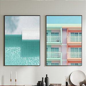 Conjunto de 2 Quadros Decorativos Arquitetura colorida.