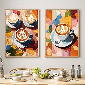 Conjunto de 2 Quadros Decorativos xícara de café colorida.