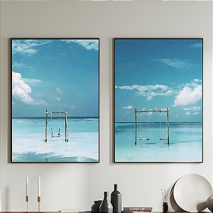 Conjunto de 2 Quadros Decorativos Céu e mar azul.