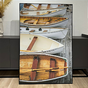 Quadro decorativo Barcos medida 1,35x0,90. Tela em Canvas Fineart e moldura filete preta.