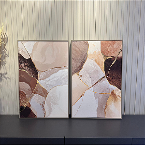 Conjunto com 2 quadros decorativos Abstrato Medida 45x70cm cada Canvas com moldura filete cappuccino.