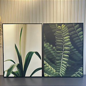 Conjunto com 2 quadros Folhas verdes - medida 55x75cm cada. Impresso em Canvas com moldura filete preta.