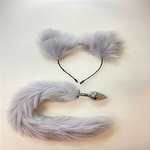 KIT PLUG ANAL COM TIARA PELÚCIA CINZA FETICHE