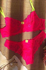 CONJUNTO MEIA TAÇA SEM BOJO COM ARO E FIO DUPLO Ref.: 202104 ROSA NEON