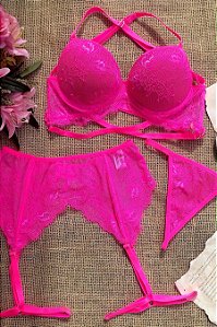 TRIJUNTO TODO EM RENDA COM BOJO CALCINHA FIO ÚNICO E CINTA-LIGA ESTRUTURADA Ref.: 202229 Pink